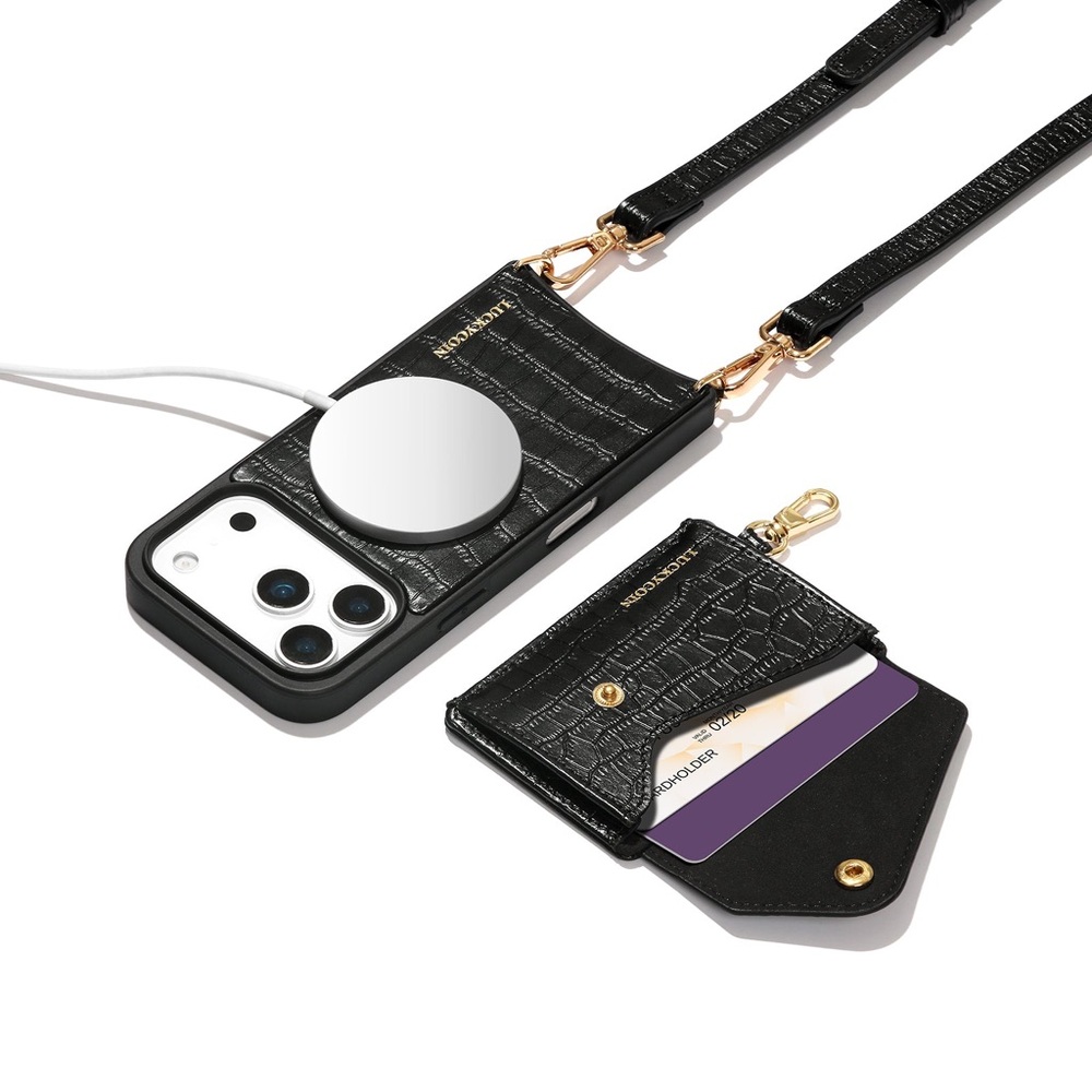 Luckycoin Magnet Wallet Crossbody Case | Black Croc - iPhone 17 Pro